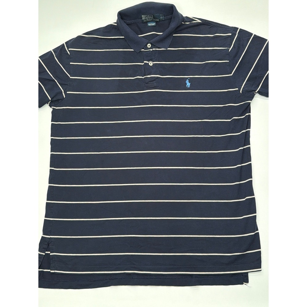 Polo Ralph Lauren Mens Large Navy Blue White Striped Short Sleeve Polo Shirt L